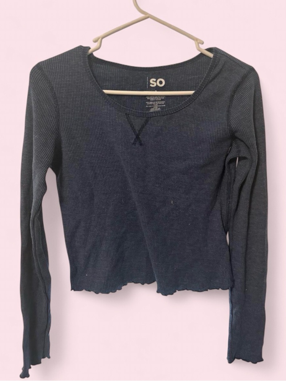 SO Navy Waffle Knit Long Sleeve Crop Top Size Small Y2K